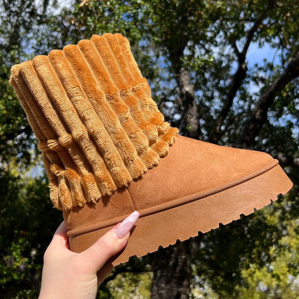 Brown Corduroy Sherpa Fold Over Platform Boots